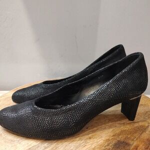 Jildor Dayle Black Lizard Pump‎ Sz 8.5 Kitten Block Heel Mirrored Textured
